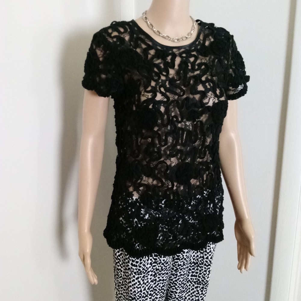 Dallin Chase Black See-Through Short Sleeve Blouse